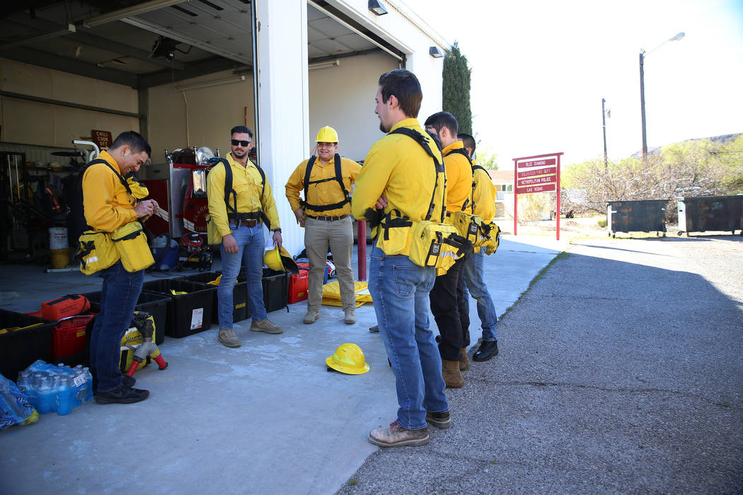 Students and firefighters attend a training session at Fire Station 80 in Blue Diamond, Saturda ...