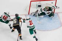 Vegas Golden Knights center Paul Stastny (26) scores against Minnesota Wild goaltender Devan Du ...