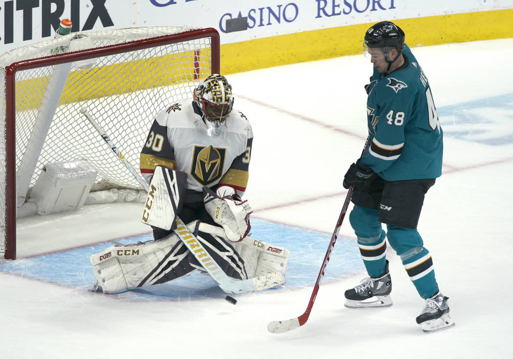 Vegas Golden Knights goaltender Malcolm Subban (30) allows a goal in overtime by San Jose Shark ...