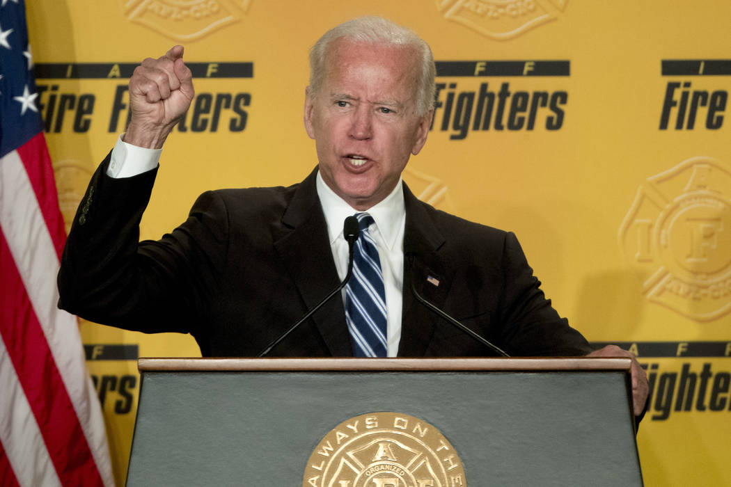 FILE - In this March 12, 2019, file photo, former Vice President Joe Biden speaks to the Intern ...