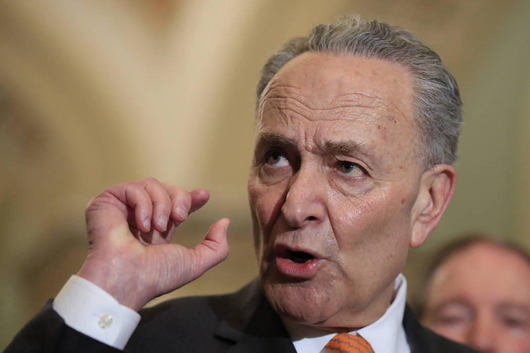 FILE - In a Feb. 26, 2019 file photo, Senate Minority Leader Chuck Schumer of N.Y. speaks to re ...