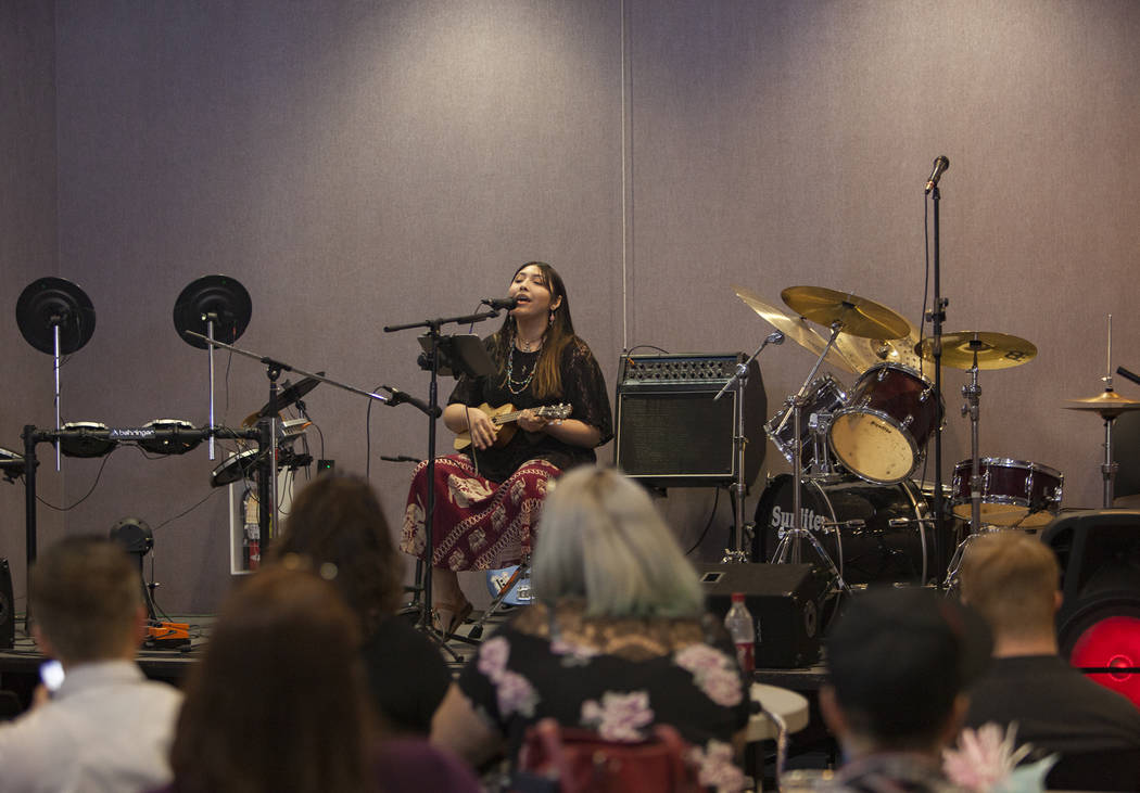 Kristina Hernandez performs at the Trans Day of Visibility event at The Center in Las Vegas, Su ...