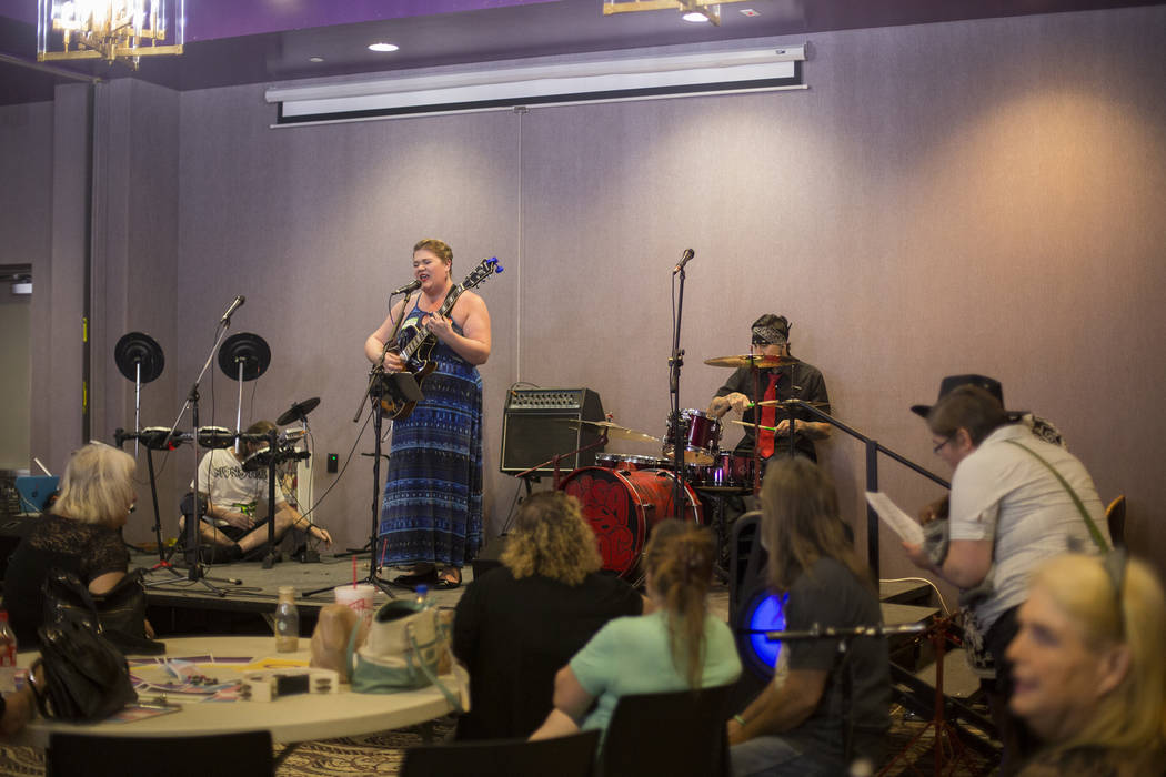 Lisa Mac performs at the Trans Day of Visibility event at The Center in Las Vegas, Sunday, Marc ...