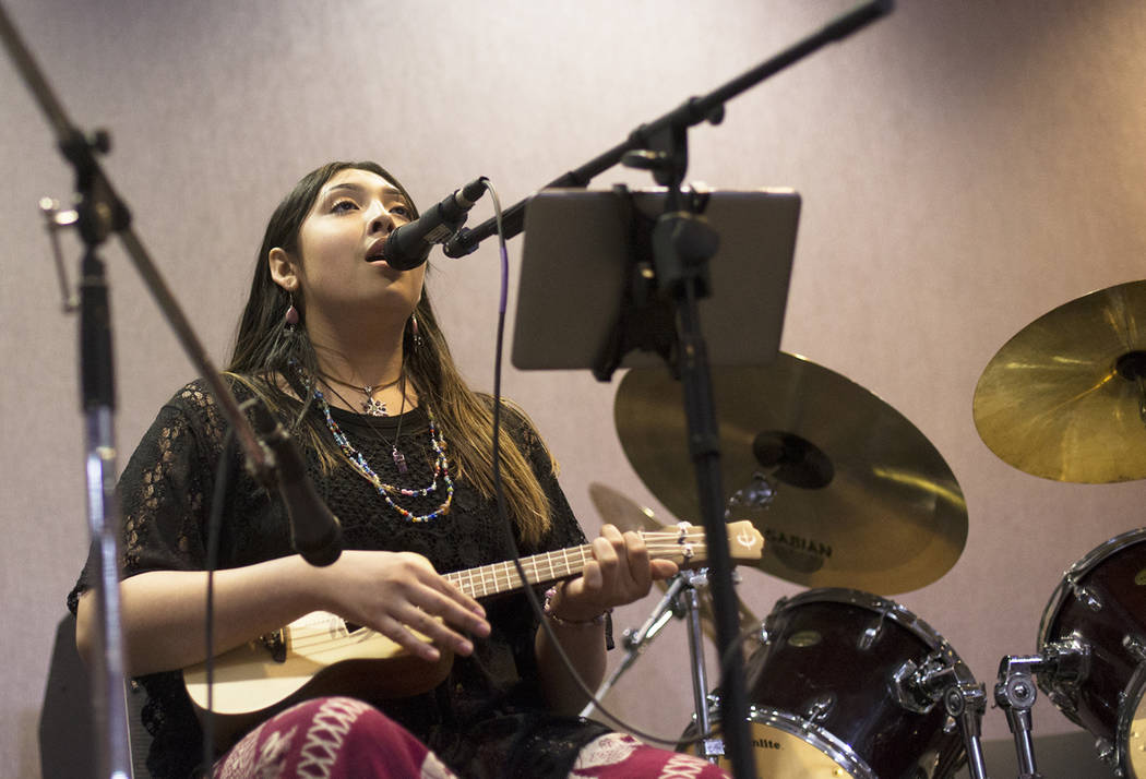 Kristina Hernandez performs at the Trans Day of Visibility event at The Center in Las Vegas, Su ...