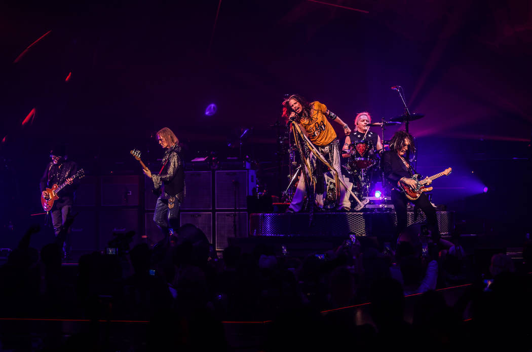 Aerosmith is shown on opening night of its "Deuces Are Wild" residency at Park Theater at Park ...