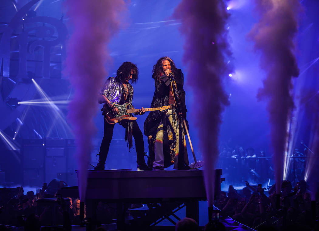 Joe Perry and Steven Tyler of Aerosmith is shown on opening night of the band's "Deuces Are Wil ...