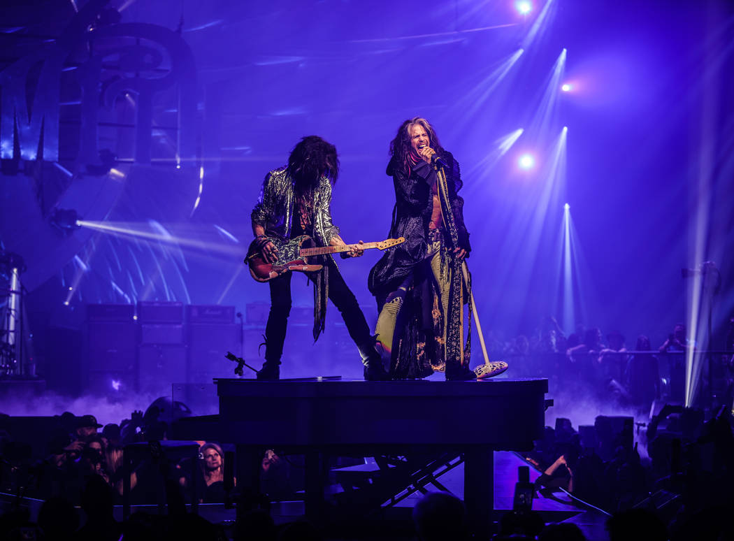 Joe Perry and Steven Tyler of Aerosmith is shown on opening night of its "Deuces Are Wild" resi ...