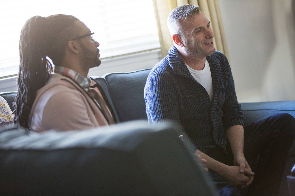 Jim Foley, right, who was diagnosed as HIV positive 30 years ago, talks about his experiences a ...