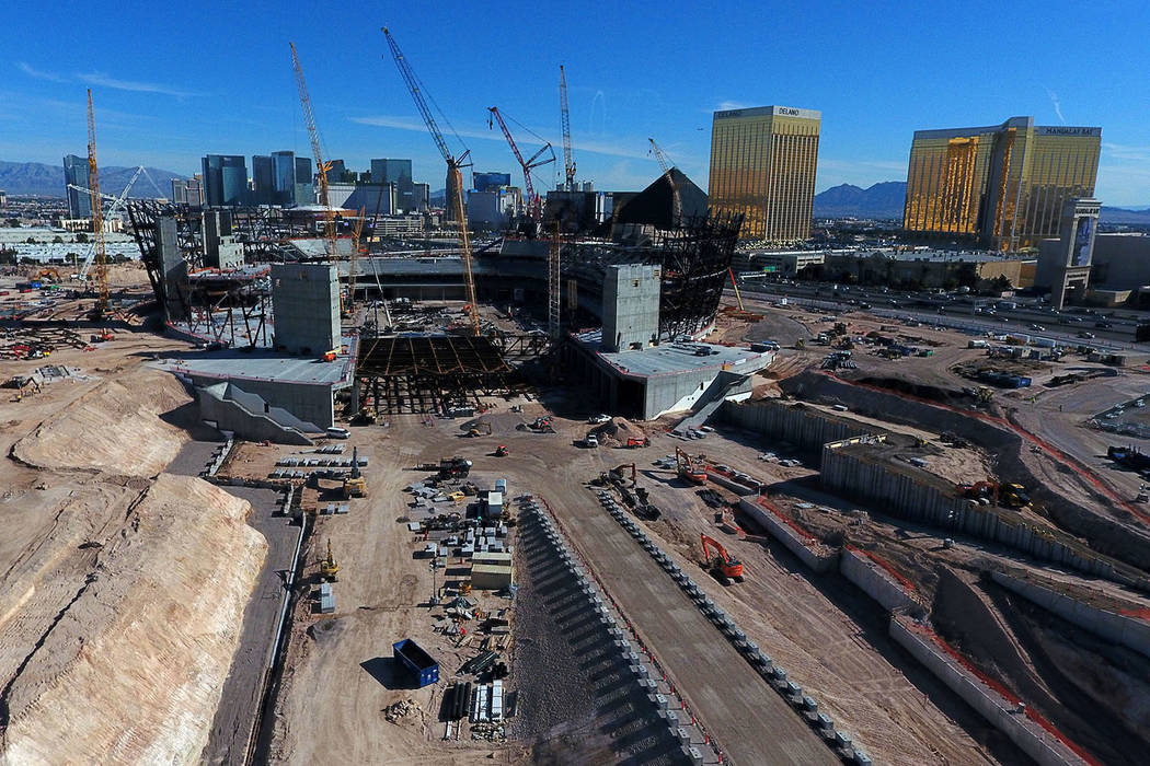 Aerial view of the Las Vegas Raiders stadium under construction as seen on Friday, March 15, 20 ...
