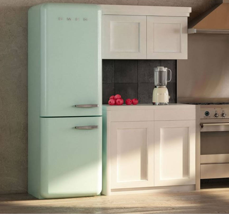 An icon of Italian design, the '50s-style Smeg two-door refrigerator is retro cool on the outsi ...