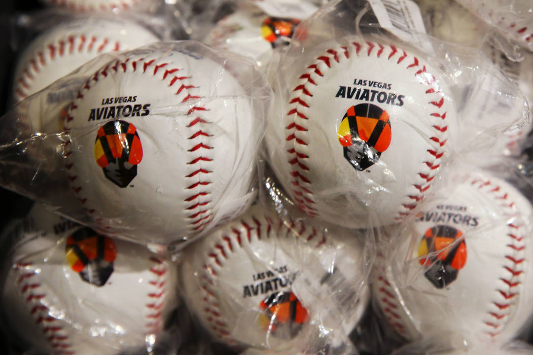Baseballs featuring the Las Vegas Aviator's logo for sale at the team sales office in Downtown ...