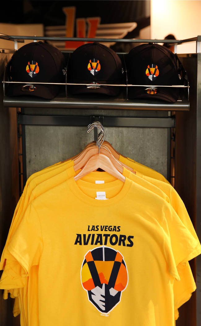Las Vegas Aviators merchandise on display at the team sales office in Downtown Summerlin on Mon ...