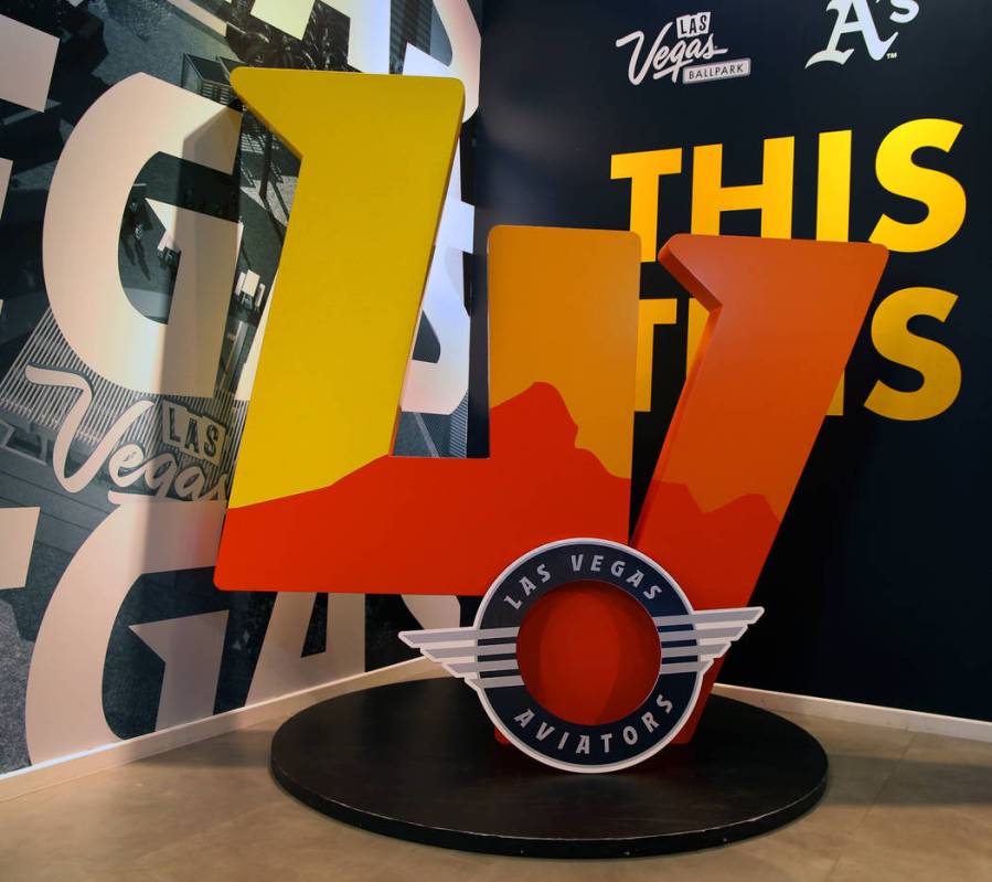 The Las Vegas Aviators logo statue is on display at the team sales office in Downtown Summerlin ...