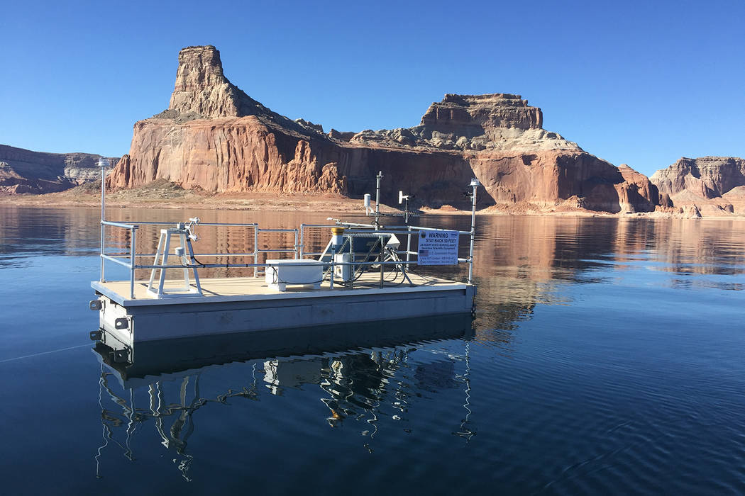 A remote evaporation station floats in Lake Powell on Nov. 7, 2018. (Desert Research Institute)