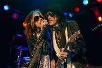 FILE - In this April 8, 2014 file photo, Steven Tyler, left, and Joe Perry of Aerosmith perform ...