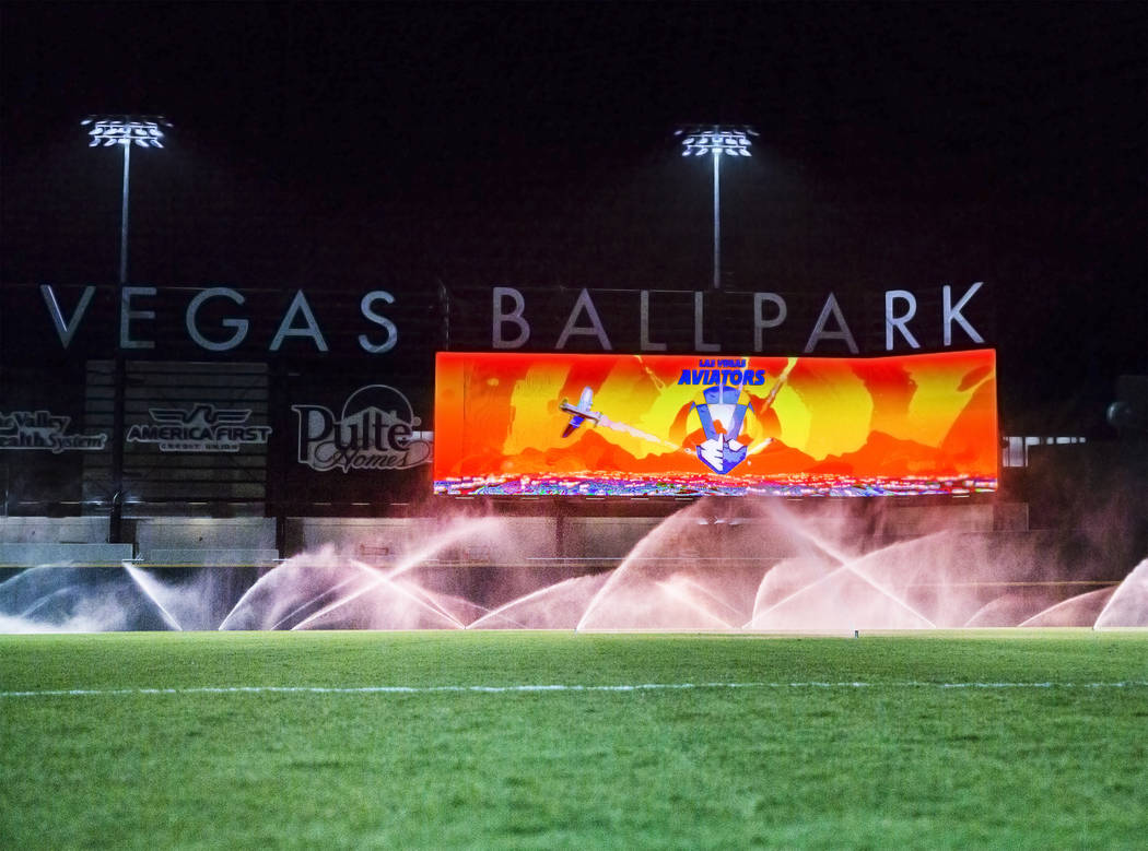 The sprinkler system waters the outfield at Las Vegas Ballpark on Tuesday, April 2, 2019, in La ...