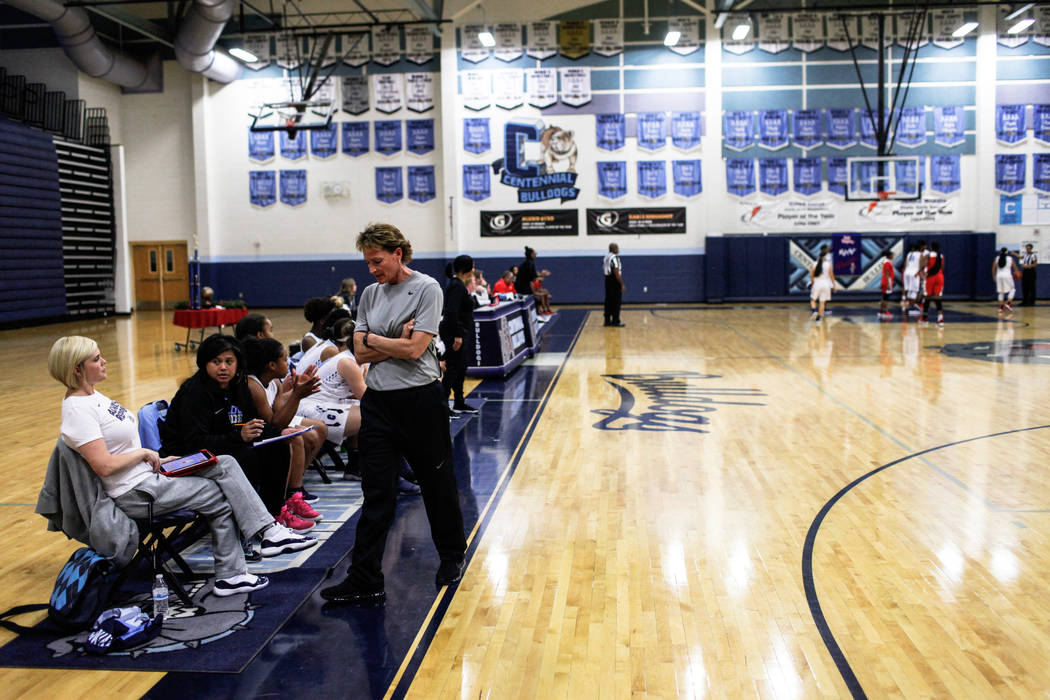 Centennial head coach Karen Weitz paces during the third quarter of the Las Vegas Holiday Clas ...