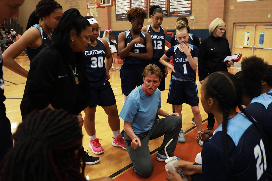 Centennial head coach Karen Weitz directs her team against Spring Valley during the Sunset Regi ...