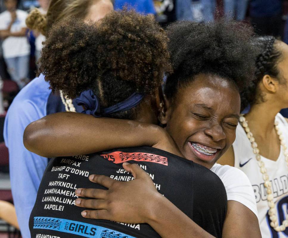 Centennial celebrates after beating Bishop Gorman 78-47 to win the Class 4A girls state champio ...