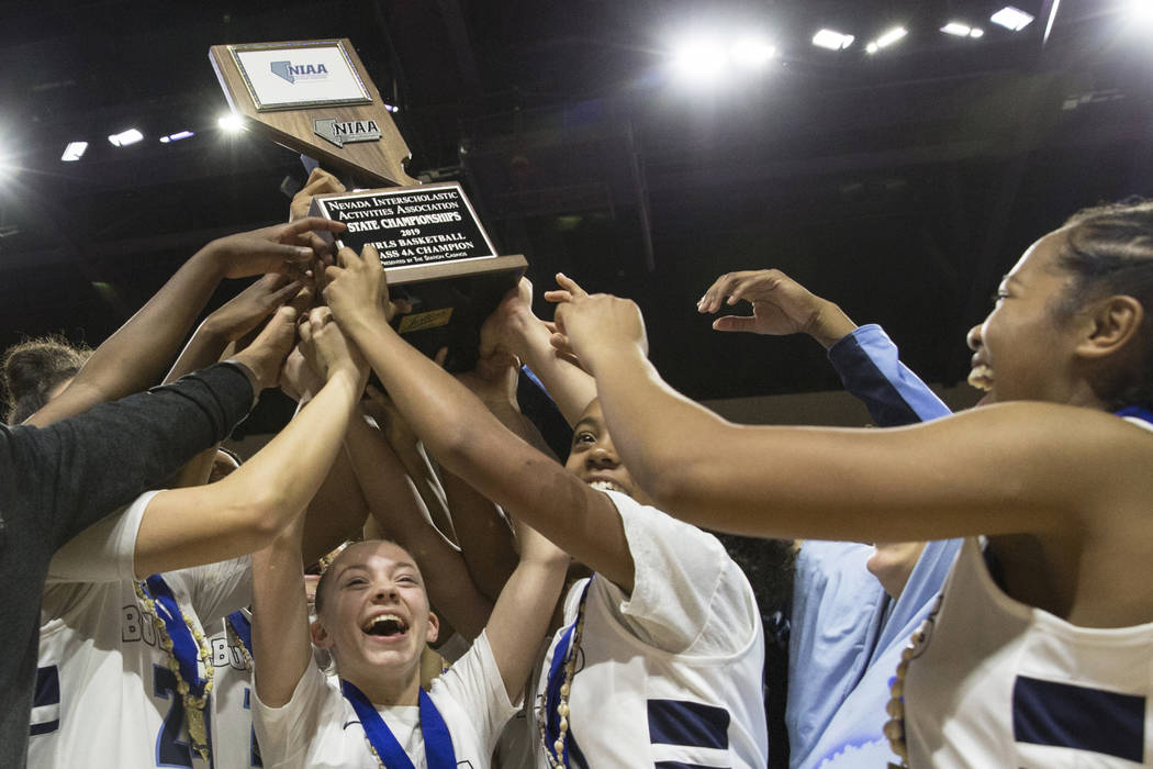 Centennial celebrates after beating Bishop Gorman 78-47 to win the Class 4A girls state champio ...