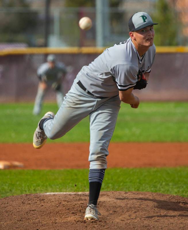 Palo Verde's pitcher Peyton Cole (8) sends another ball towards the plate versus Palo Verde dur ...