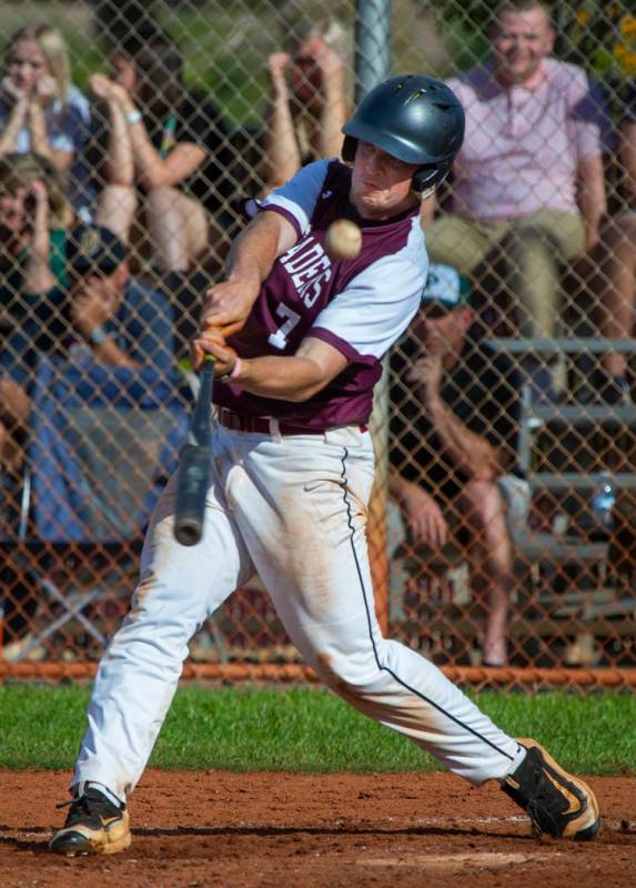 Faith Lutheran's Sagan Gronauer (7) deflects another Palo Verde pitch during their high school ...