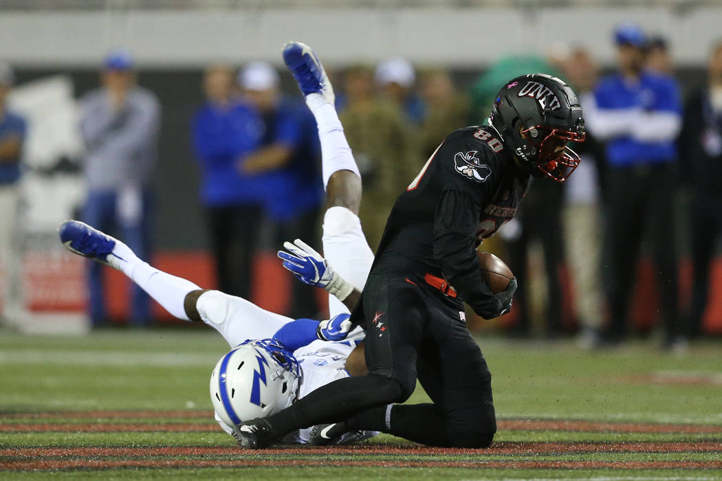 UNLV Rebels wide receiver Brandon Presley (80) makes a catch in the second quarter of the footb ...