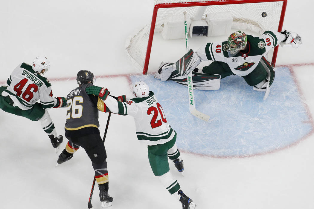 Vegas Golden Knights center Paul Stastny (26) scores against Minnesota Wild goaltender Devan Du ...