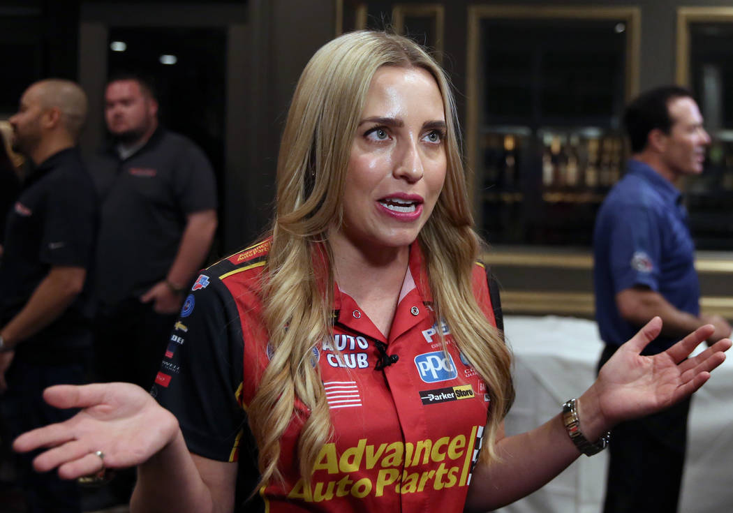 NHRA racer Brittany Force speaks during an interview with the Las Vegas Review-Journal on Thurs ...