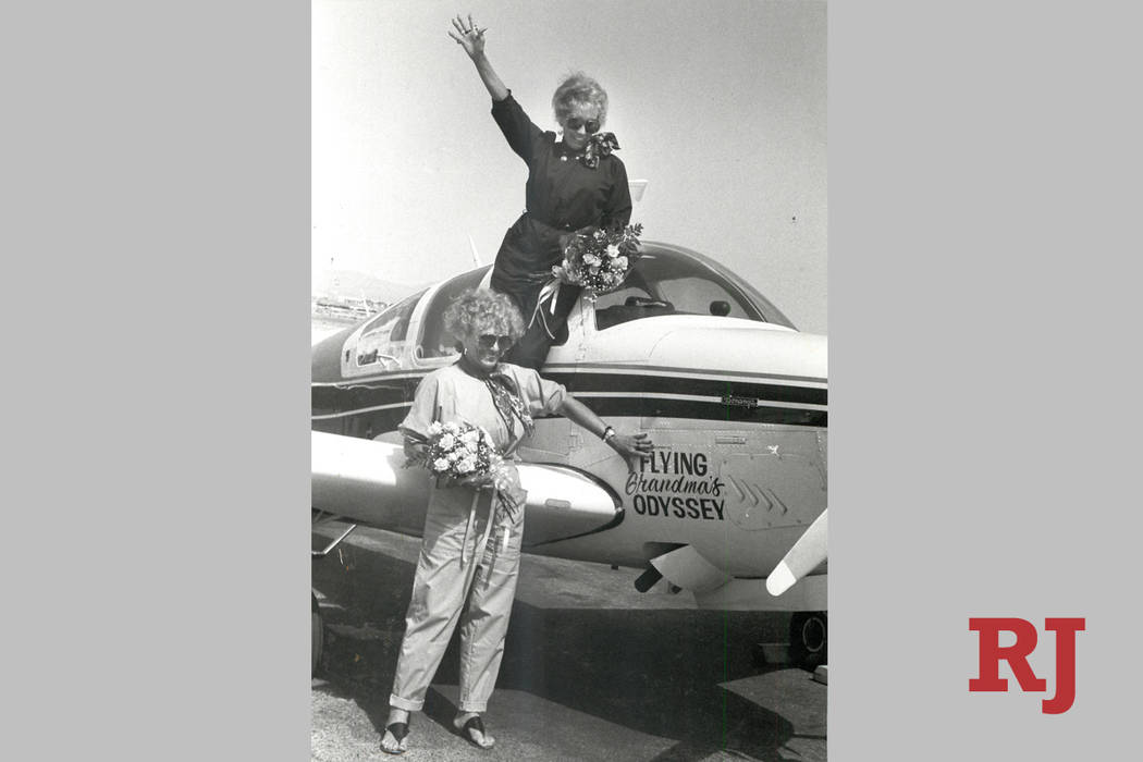 Two women calling themselves "The Flying Grandmas" are shown in 1986 after completing the first ...