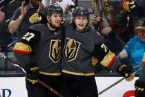 Vegas Golden Knights defenseman Shea Theodore (27) celebrates after Vegas Golden Knights center ...