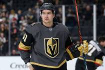Vegas Golden Knights right wing Mark Stone (61) looks around during warmups of an NHL hockey ga ...