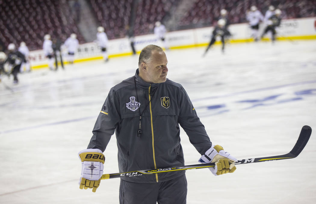 Golden Knights head coach Gerard Gallant during practice ahead of Game 3 of the Stanley Cup Fin ...