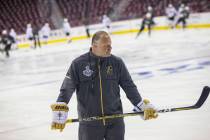 Golden Knights head coach Gerard Gallant during practice ahead of Game 3 of the Stanley Cup Fin ...