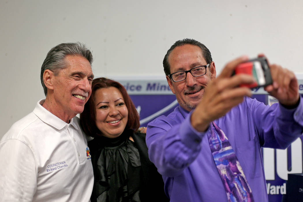 Eddie Escobedo takes a selfie with Councilman Richard Cherchio with Mary Valadez at Cherchio's ...