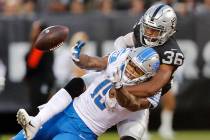 Oakland Raiders cornerback Daryl Worley (36) breaks up a pass intended for Detroit Lions wide r ...
