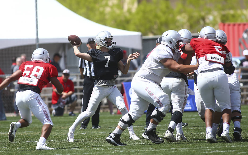 UNLV Rebels quarterback Kenyon Oblad (7) throws a pass during the spring football game at Peter ...