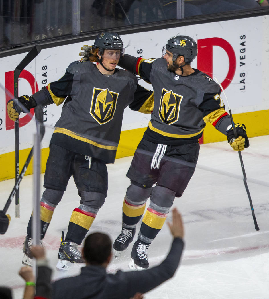 Vegas Golden Knights center Cody Eakin (21) and Vegas Golden Knights center Brandon Pirri (73) ...