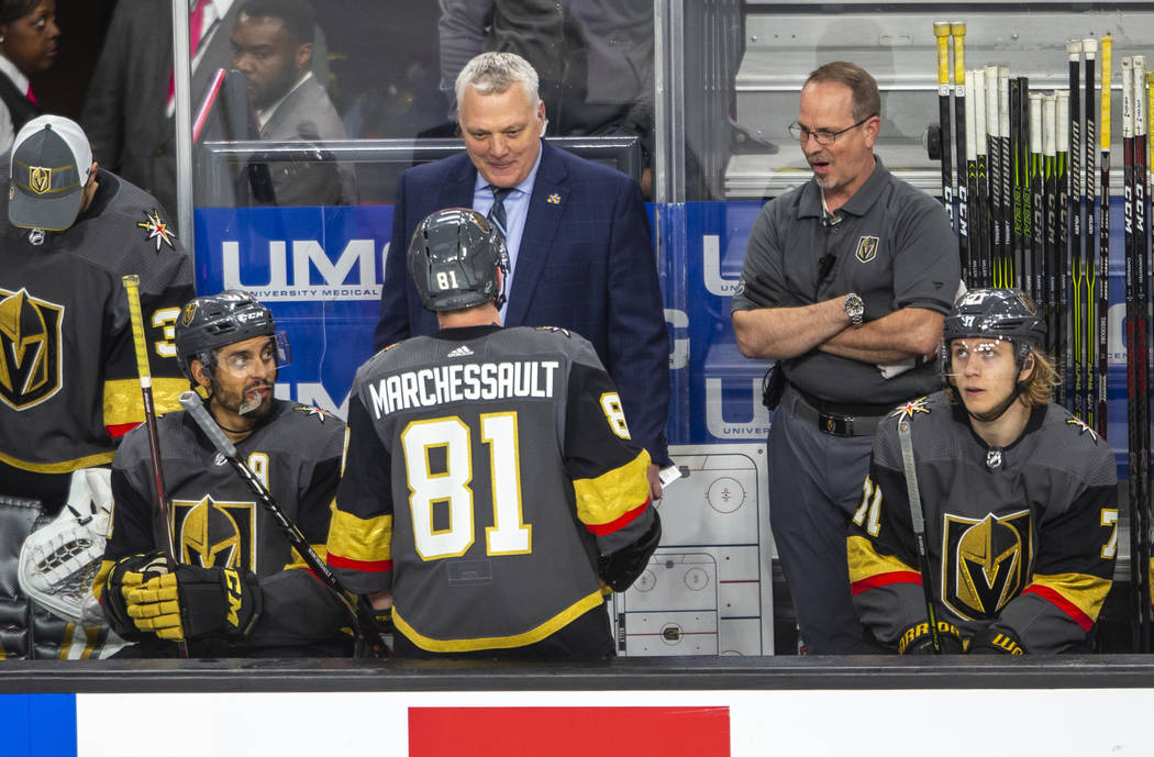 Vegas Golden Knights center Jonathan Marchessault (81) shares his goal story with the bench ver ...