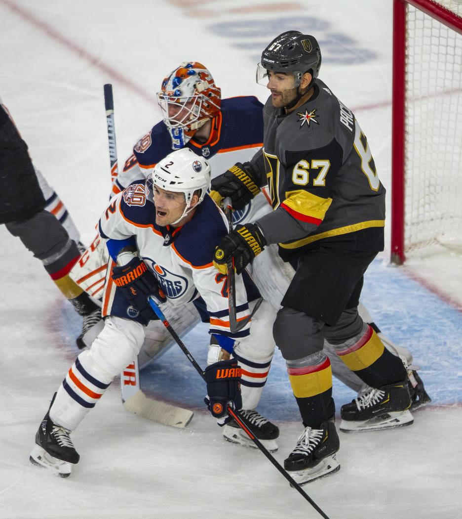 Edmonton Oilers defenseman Andrej Sekera (2) blocks out Vegas Golden Knights left wing Max Paci ...