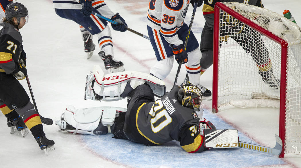 Vegas Golden Knights goaltender Malcolm Subban (30) makes another fine save over the Edmonton O ...