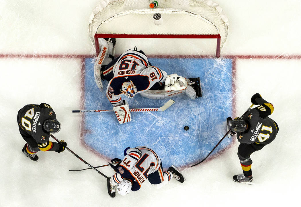 Vegas Golden Knights center Pierre-Edouard Bellemare (41) takes a shot on goal versus Edmonton ...