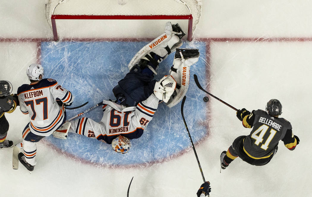 Vegas Golden Knights center Pierre-Edouard Bellemare (41) takes a shot on goal versus Edmonton ...