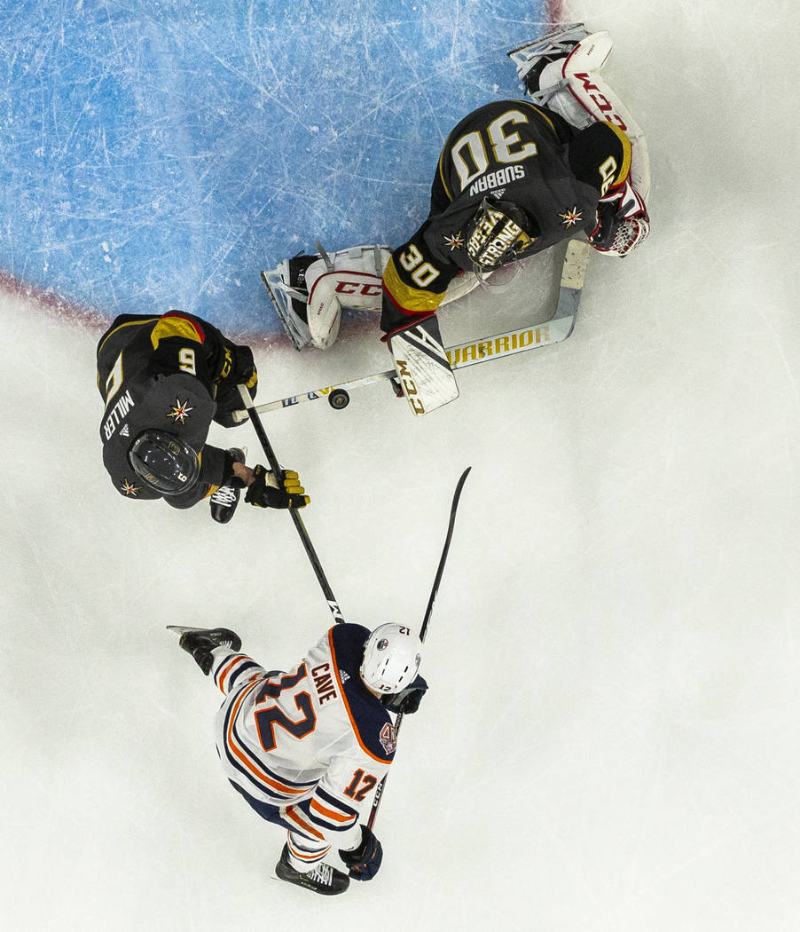 Vegas Golden Knights goaltender Malcolm Subban (30) deflects a puck off his stick shot by Edmon ...