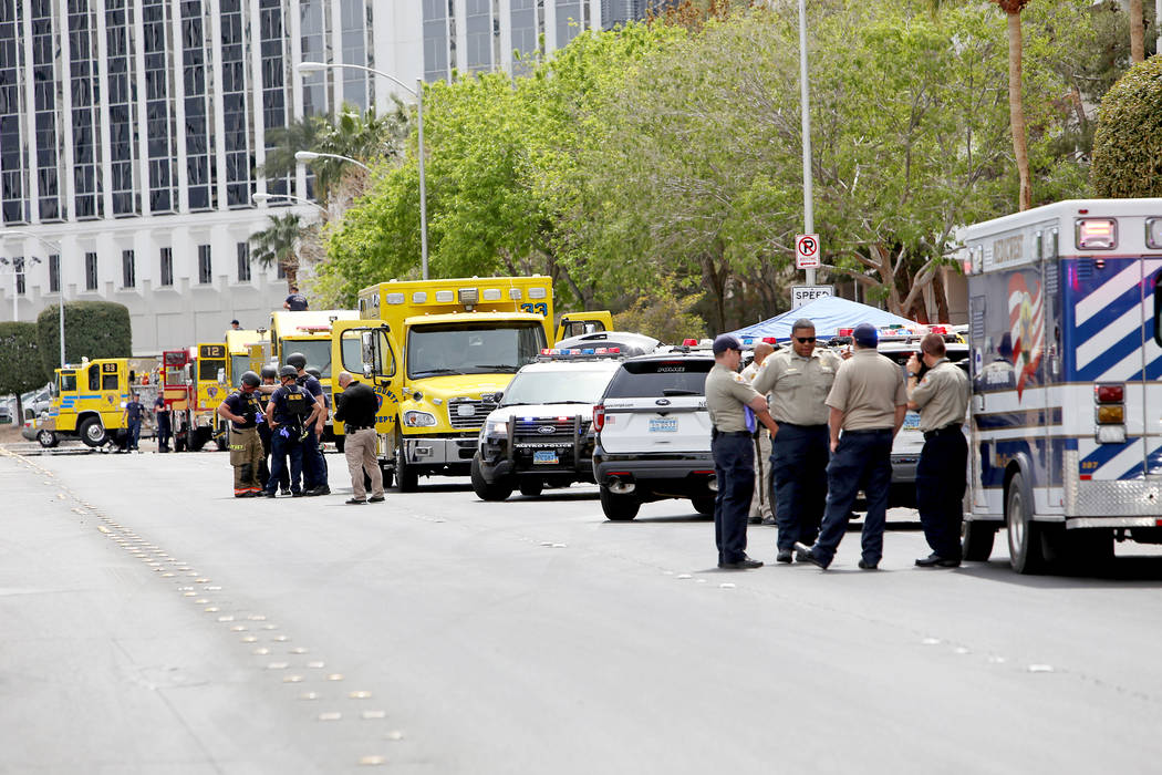 The scene on Joe Brown Drive where police are handling a barricade situation in Las Vegas, Mond ...