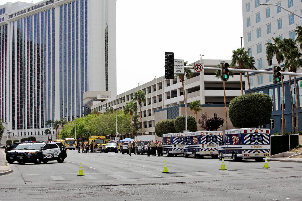 The scene on Joe Brown Drive where police are handling a barricade situation in Las Vegas, Mond ...