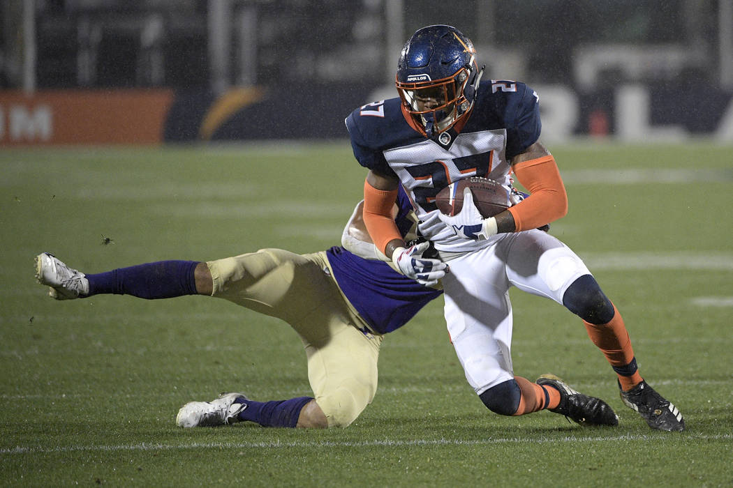 Orlando Apollos defensive back Marquez White (27) intercepts a pass intended for Atlanta Legend ...