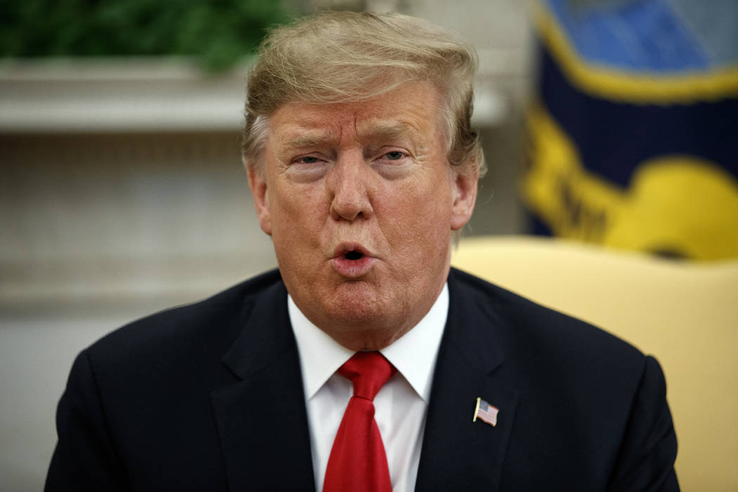 President Donald Trump speaks during a meeting with NATO Secretary General Jens Stoltenberg in ...