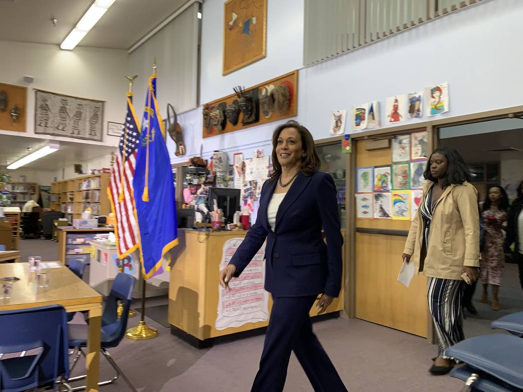 Calfornia Sen. Kamala Harris, a Democratic presidential candidate, enters the library at Eagle ...