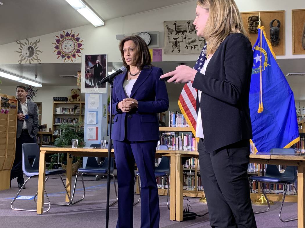 Calfornia Sen. Kamala Harris, a Democratic presidential candidate, took questions from reporter ...